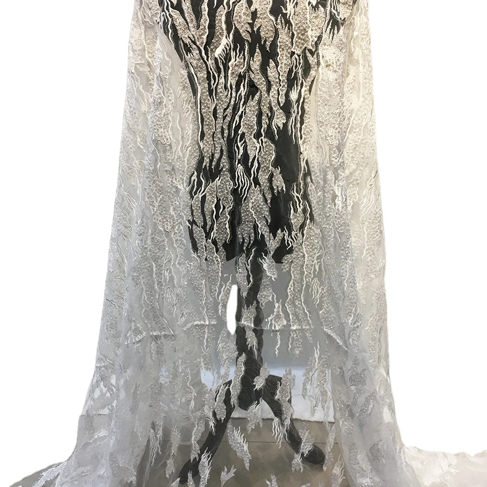 Novel Design Sequined Mesh Embroidery Lace Handmade Crystal Heavy Beaded Tulle Lace Fabric for Wedding Dress
