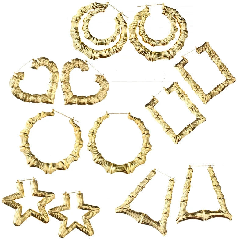 Hip-Hop Jewelry Gifts Geometric Various Shaped Bamboo Hoop Earrings Custom Big Large Size Gold Plated Bamboo Earrings