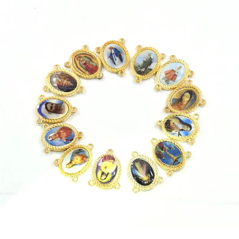 10pcs/Bag Gold Religious Jewelry Accessories Holy Image Texture Triangular Prayer Bead Necklace Three Hole Diy Accessories