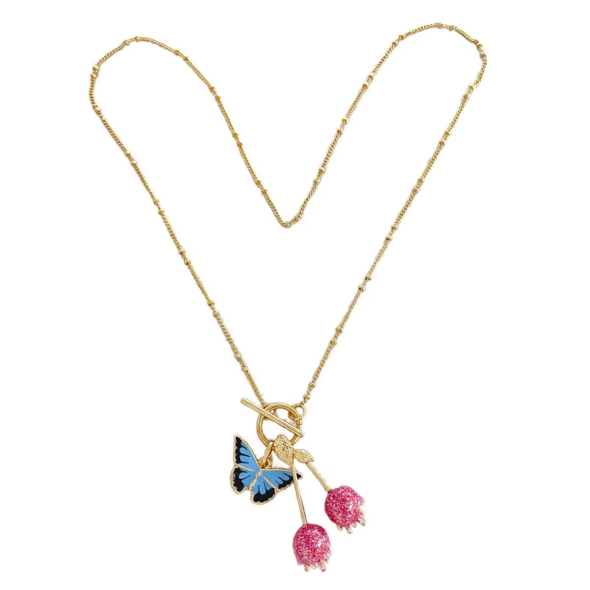 2025 Enamel Color Blue Butterfly Charm Women's Necklace Gold Plated Alloy Classic Pink Cherry Personality Fashion Jewelry