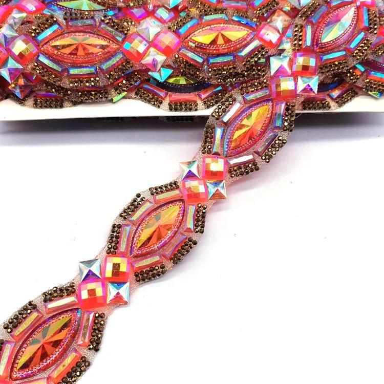 Wholesale Carnival Fancy Design Hot Fix Gemstone Tape Orange AB Resin Rhinestone Trimmings for Garments & Clothings Decorating