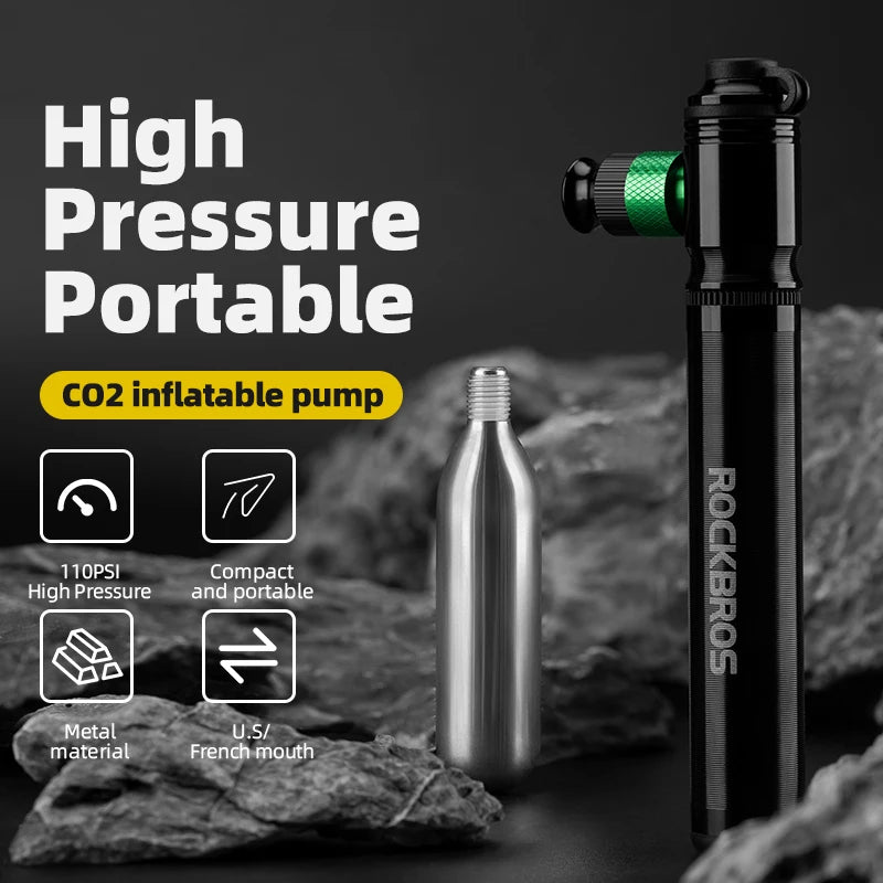 ROCKBROS CO2 Bicycle Mini Pump Aluminum Alloy High Pressure 80-130PSI Gauge 80g Lightweight American/French Nozzle