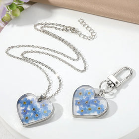 FanYue Blue Dry Flower Dried Flower Heart Shaped Pendant Necklace Keychain