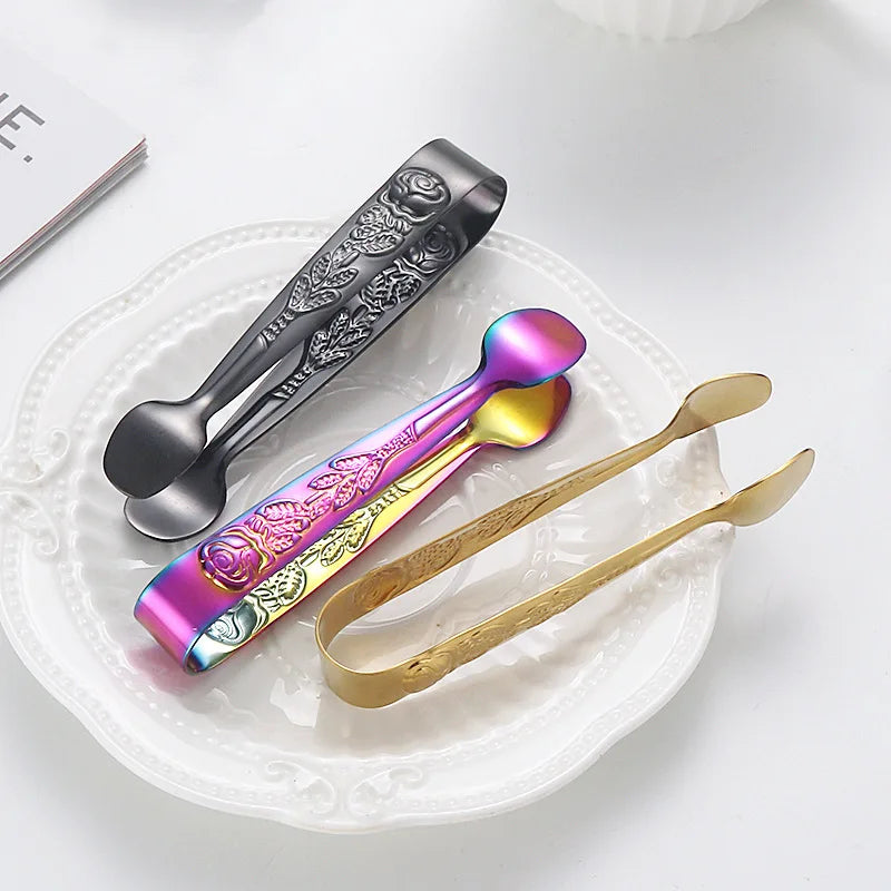 Light Luxury Bar Stainless Steel Small Ice Clip Embossed Pattern Design Metal Barbecue Clip Food Tongs