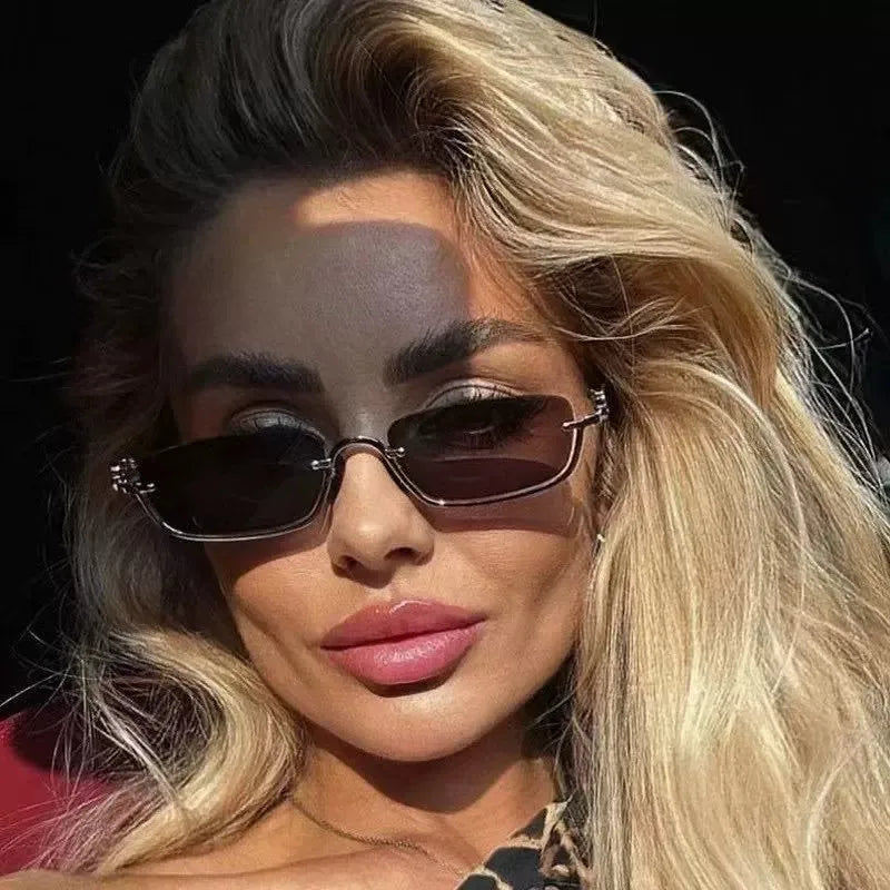 STY90308C Luxury Designer Custom Sun Glasses Trendy Silver Metal Half Frame Women Sunglasses Small Frame Square Brown Shades