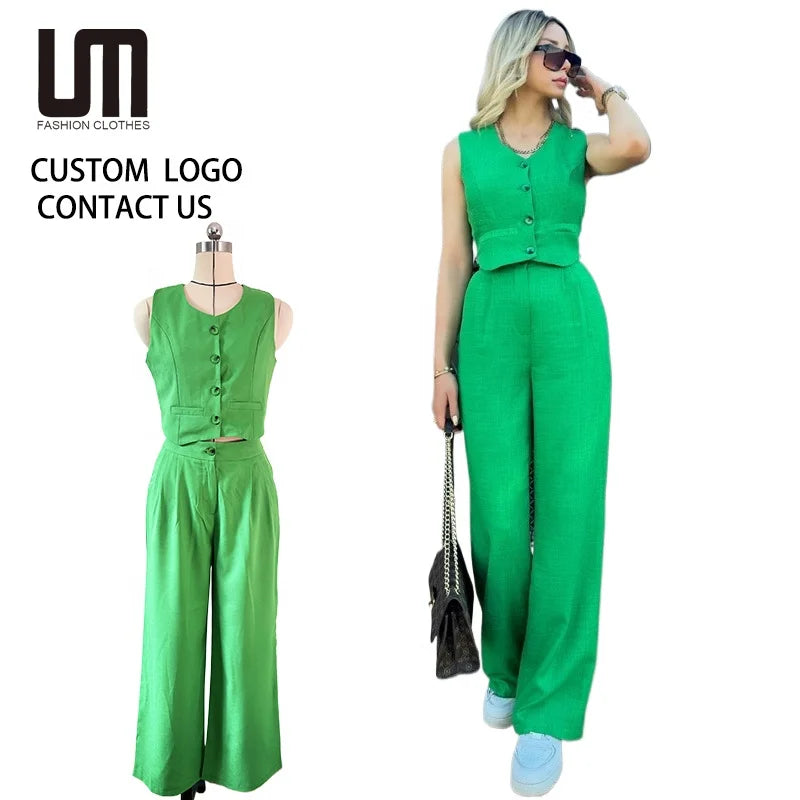 Liu Ming Cheap New Arrivals Women Casual Vest Tank Sleeveless Tops and High Waist Pants Outfits Set