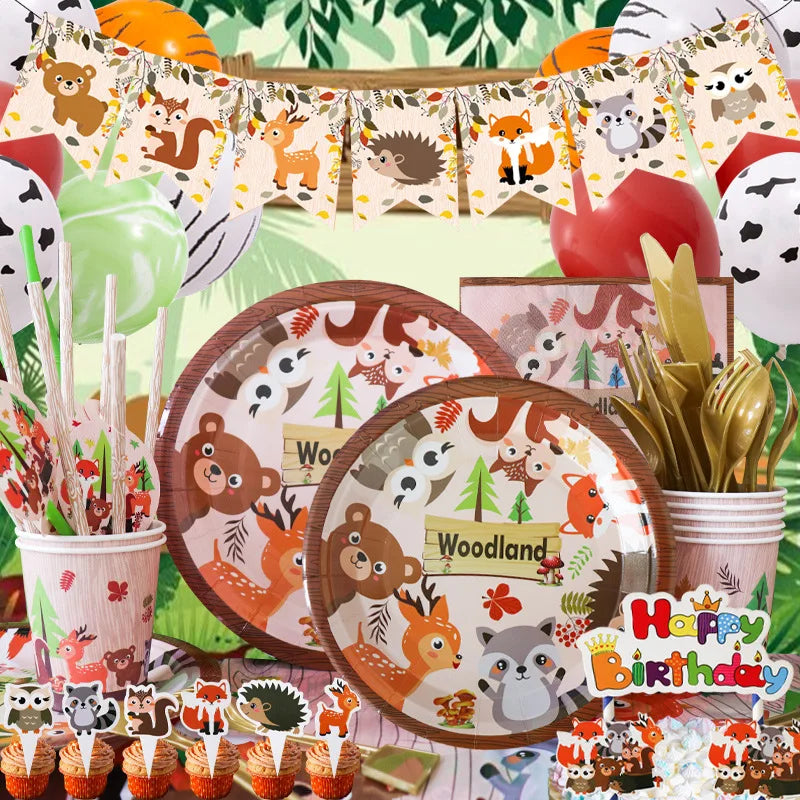 Hot Sale Forest Fox Animal Theme Party Decoration Set Plates Cups Straws Dinnerware for Children's Day and Birthday Parties