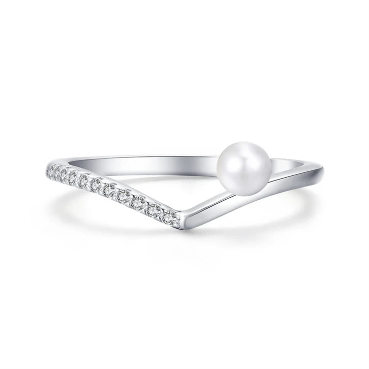 925 Sterling Silver Freshwater Pearl Zircon Wedding Statement Ring Simple Stacking V-Shape Finger Rings for Women Fine Jewelry