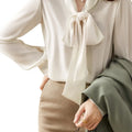 RNSHANGER Women's Casual Shirt Elegant Bow Tie Neck Long Sleeve Button Cuff Chiffon Blouse Collar Summer Blouses for Women