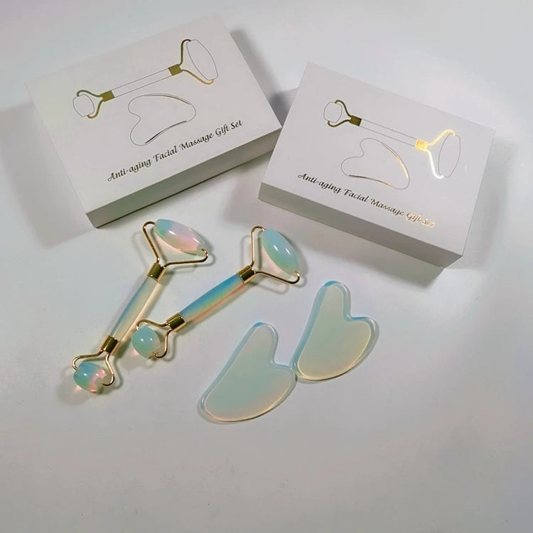DIY Low MOQ Custom OpaliteJade Roller Set Manufacturer Quartz Jade Face Roller Gua Sha Stone Massage Tool Set for Anti Aging