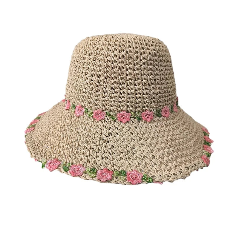 Summer Beach Straw Hats for Women Foldable Wide Brim Packable Sun Hat Womens Travel Flower Straw Bucket Hat
