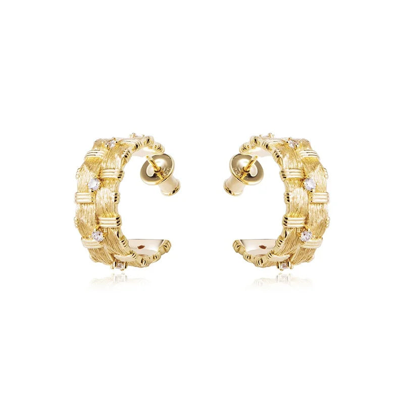 Aimgal Vintage Medieval Raffia Woven Stud Earrings 18K Gold-Plated 925 Silver Zircon Luxury Wedding Engagement Gift Fine Jewelry