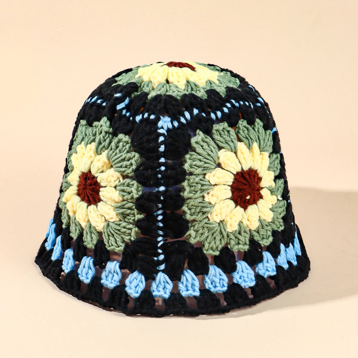 2025 Luxury Summer Bucket Sun Hat for Women Handmade Black Crochet Knit Embroidered Pattern Custom Logo Jersey Fabric for Travel