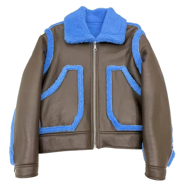 Custom Winter Genuine Sheepskin Leather Fur Jacket Turn Down Collar Women Shearling Coat