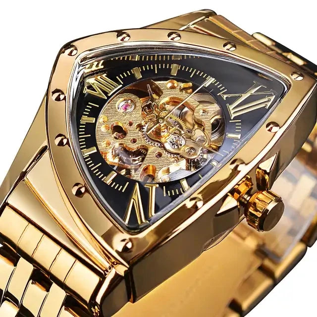 Forsining Watch for Men Vintage Triangle Mechanical Automatic Wristwatches Men's Skeleton Black Man Stainless Steel Watches