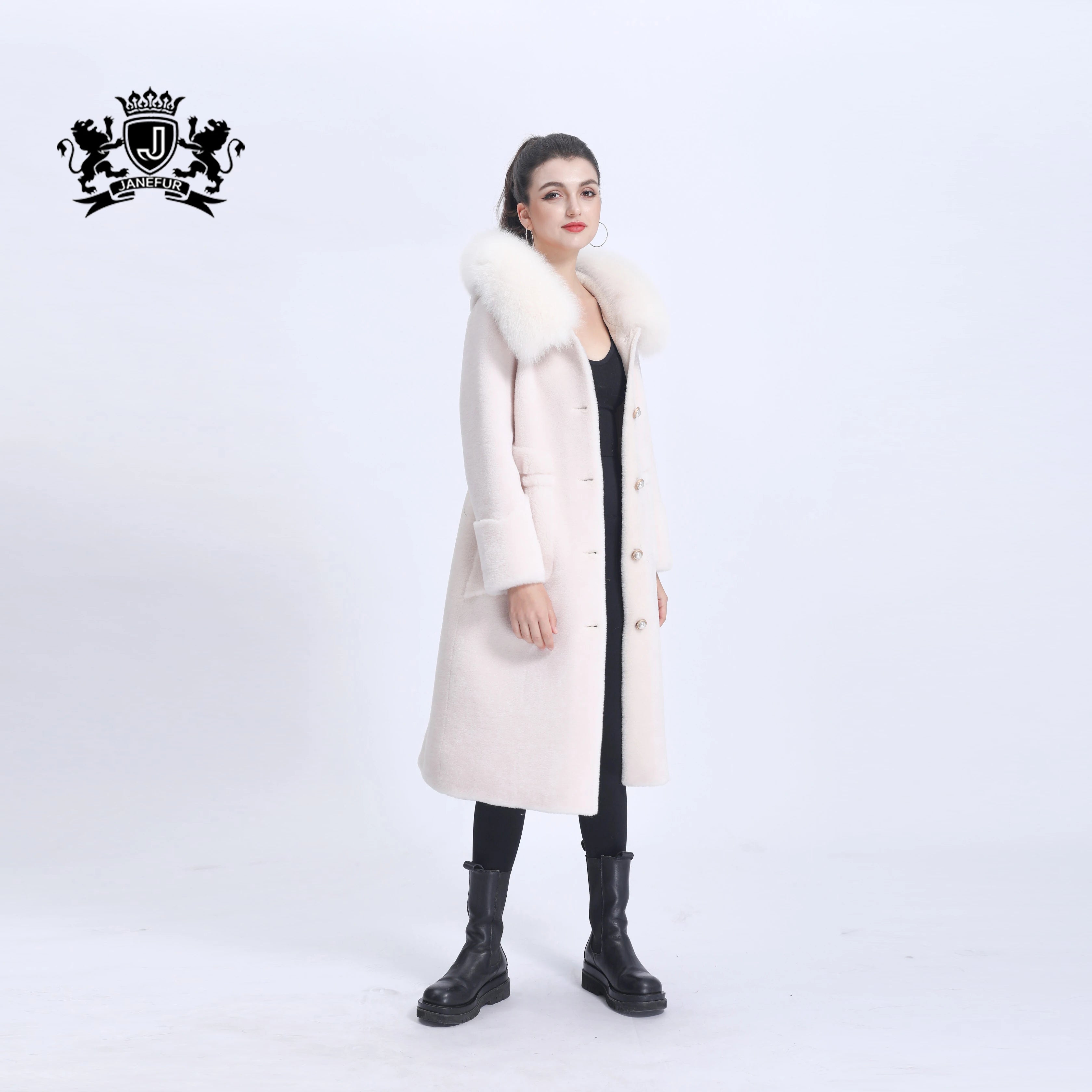 Winter Women Soft Comfortable Warm Sheepskin Shearing Coat White Pearl Button Long Fox Fur Trim Hooded Sheep Shearing Coat