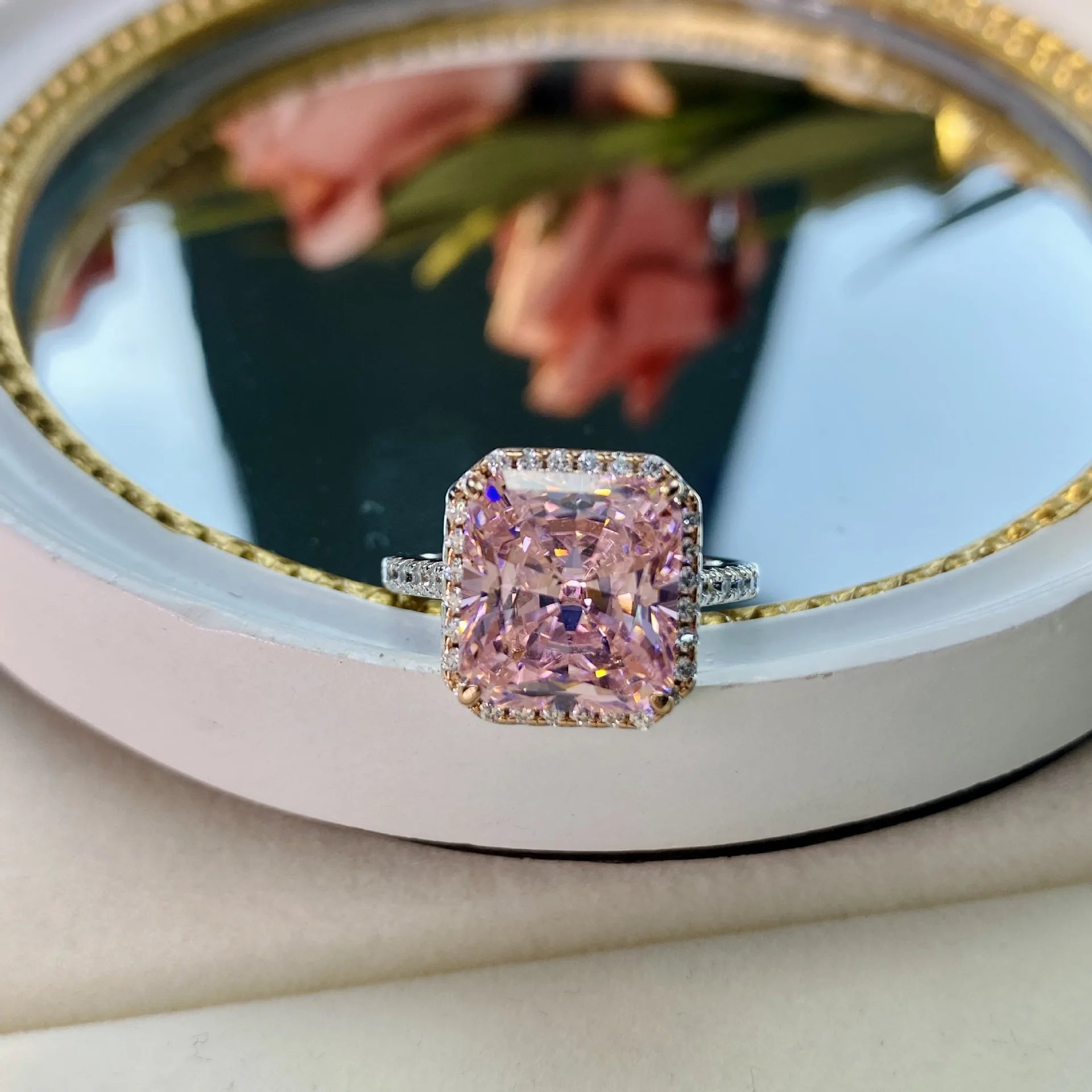 Latest wedding ring designs 925 silver gold plated pink cz diamond ring