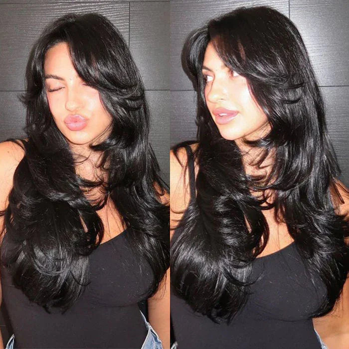 Wholesale 7x6 Pre-Cut Human Hair Lace Wavy Layer Wig Glueless Transparent Lace Curtain Bangs for Black Women Virgin Remy Hair