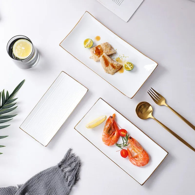 New European Style Gold Edge White Dining Plate Customized Ceramic Plate Rectangular Dish Plate