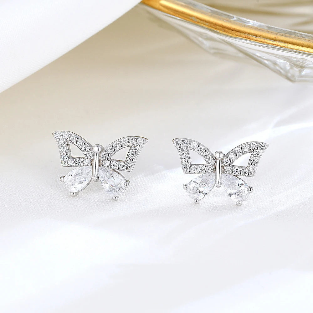 Delicate 925 Sterling Silver butterfly Stud Earrings Women Full Cz Diamond butterfly Earrings