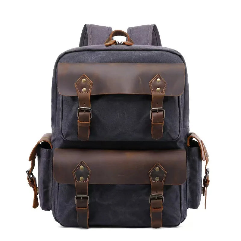 European American Retro Style Waterproof Outdoor Computer Backpack Crazy Horse Crazy Horse Leather Polyester Oil Wax Canvas Bag