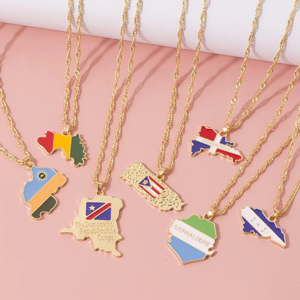 HOVANCI Creative Colorful Oil Drip Country Map Necklace Gold Plated Twisted Chain Africa Map Pendant Trendy Brass Christian Hot