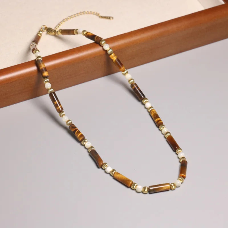 Mailard Classic Tiger Eye Column Beaded Necklace for Women Men Healing Energy Crystal Stone Pearl Charm Choker Jewelry Wholesale