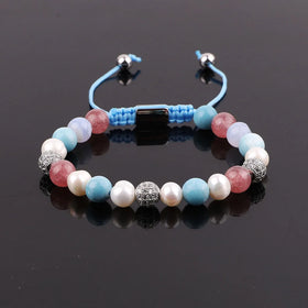 New Design 8mm Gemstone Freshwater Pearl Strawberry Quartz Beaded Macrame Bracelet for Women JBS12553-9