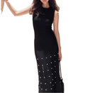 Summer Knit Dresses New Elegant Graceful Knitted Black Heavy Industry Beads Tassel Women's Slim Slimming Sleeveless Knit Dress