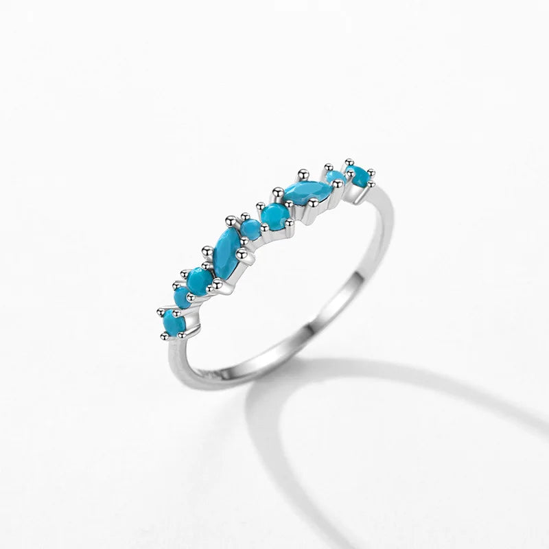 Fashion Simple Thin Hand Jewelry Sterling Silver Ring Turquoise Beads Finger Ring for Women Jewelry