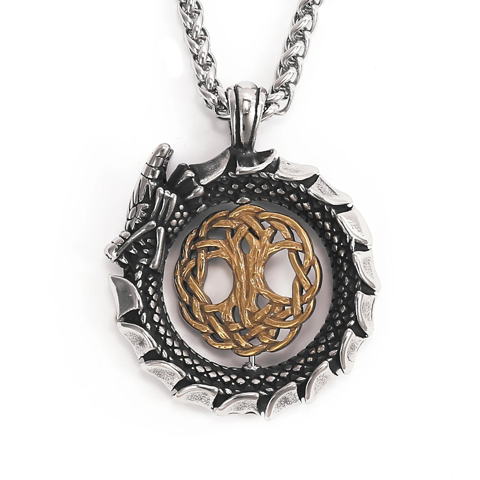 Stainless Steel Mens Norse Jewelry World Snake Curcled Rotating Tree of Life Viking Necklace