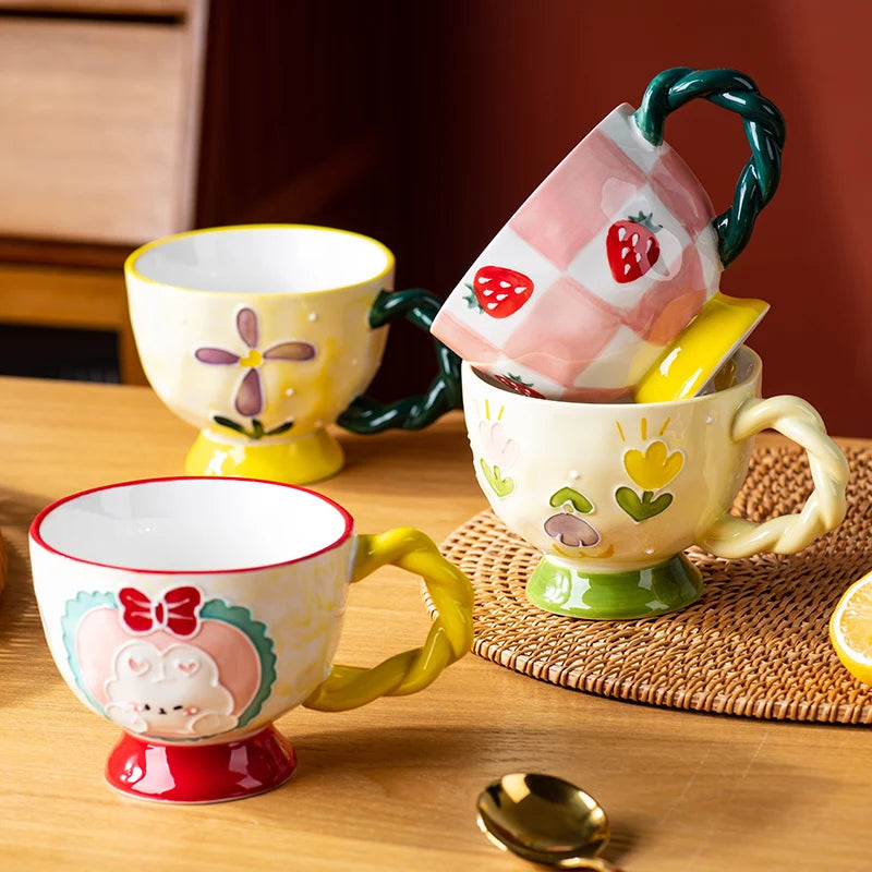 400ML Embossed Ceramic Coffee Cup Hand-painted Lovely Breakfast Oatmeal Milk Juice Mug Teacup Gift Drinkware Home Restaurant