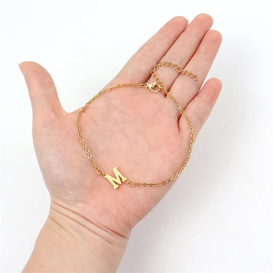 Custom Inspire A-Z Letters Minimalist Waterproof Stainless Steel Gold Bracelet Wristband Fashion Jewelry for Women Girls