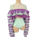 Stage Dance Costume  2 Piece Set Ruffles Ruched Sleeve Rhinestone Bodysuit Women Club Wear