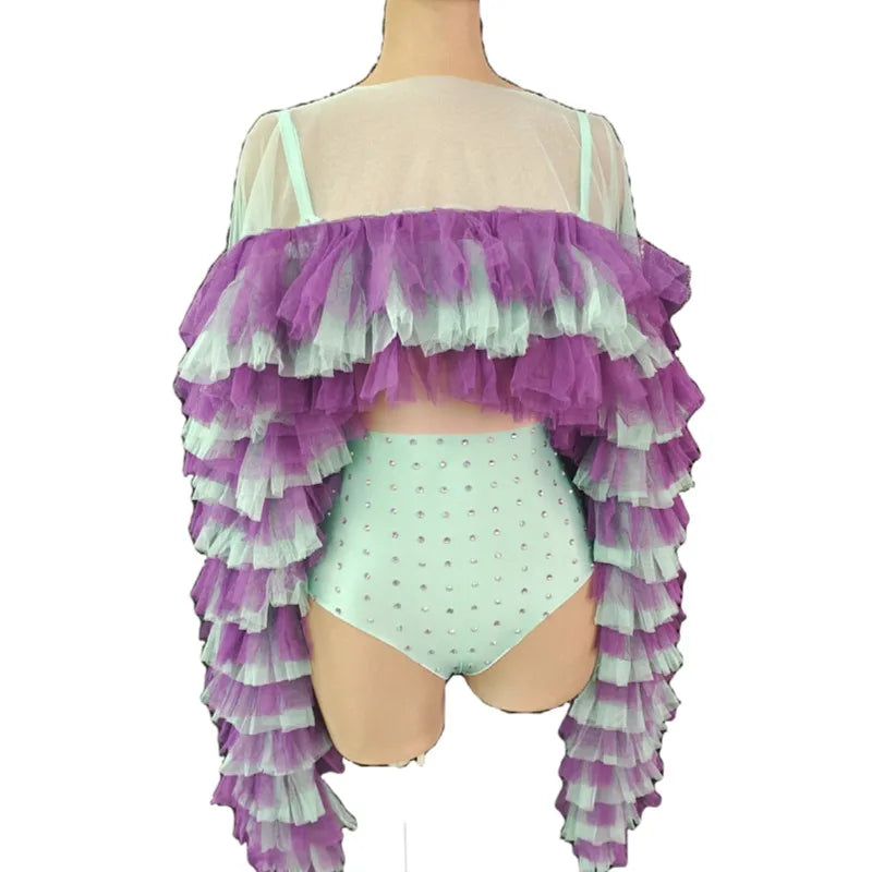 Stage Dance Costume  2 Piece Set Ruffles Ruched Sleeve Rhinestone Bodysuit Women Club Wear