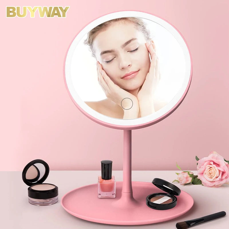 Pink Round LED Makeup Mirror 90Â° Rotation Battery Operated Vanity Mirror Desktop Cosmetic Mirror With Storage Tray
