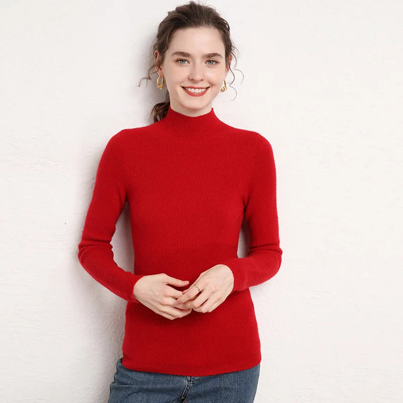 Wholesale Autumn Winter Leisure Pure Color Women's Sweater Rib Knit High Collar Long Sleeve Cashmere Sweater