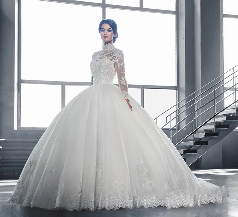 Wed Dress Luxurious Lace up Long Sleeve Floor Length Tail White Gown Princess Bridal Modest Wedding Dresses for Women