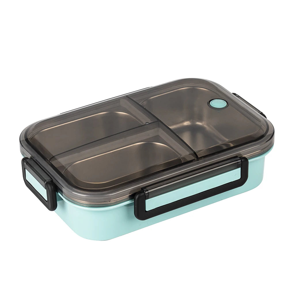 Stainless Steel Bento Lunch Box 3 Compartment Food Container with Clear Sealed Lid and Clip Locks for School Office Meal Prep