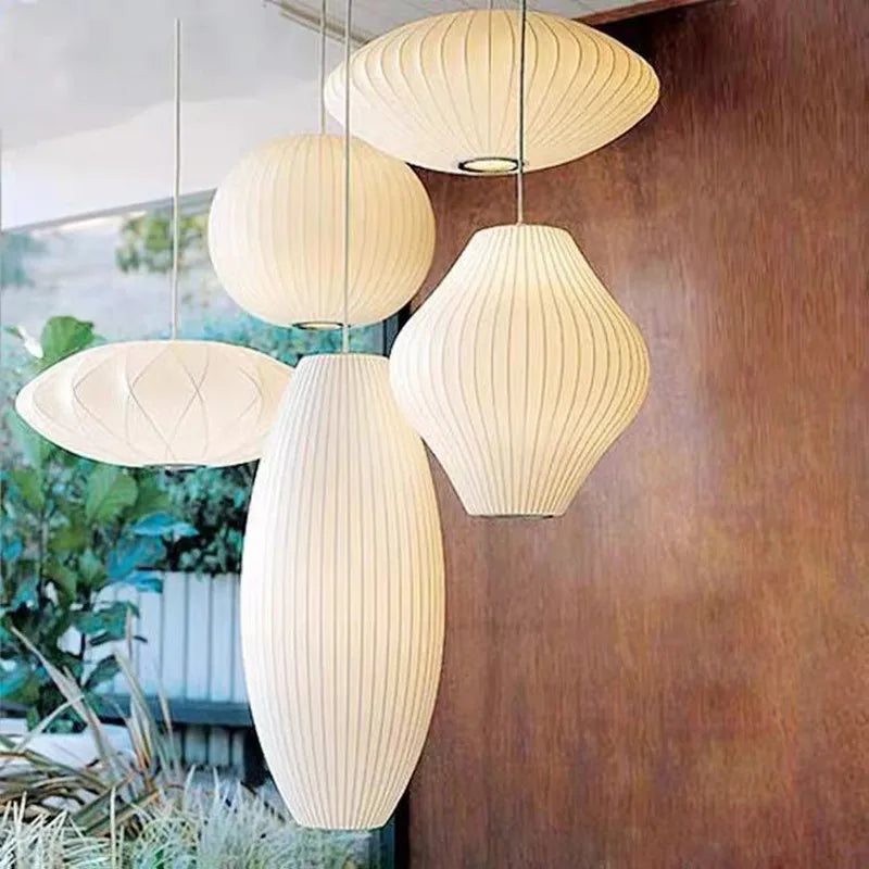 Japanese Style White Design Minimalist Silk Cloth Light Lamp Loft Living Room Coffee Shop Led Pendant Light