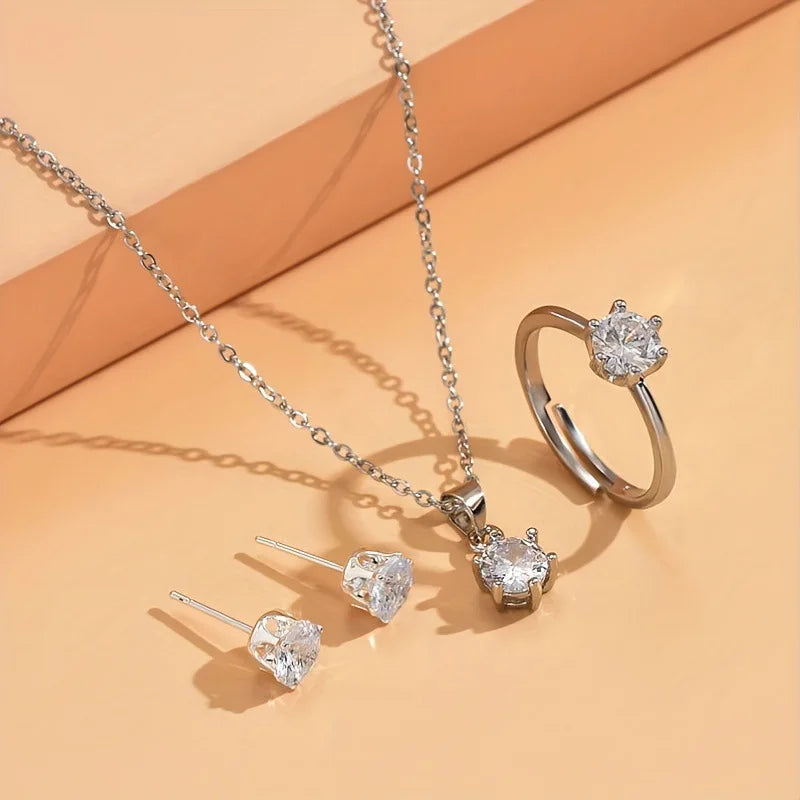 Light Luxury Six Claws Diamond Bride Necklace Earrings Ring Set Alloy Rhinestones Wedding Jewelry for Parties and Gifts