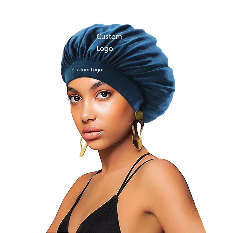 High Quality Luxury Hair Bonnets Midium Size Elastic Band Caps Velvet Custom Logo Sleep Bonnet