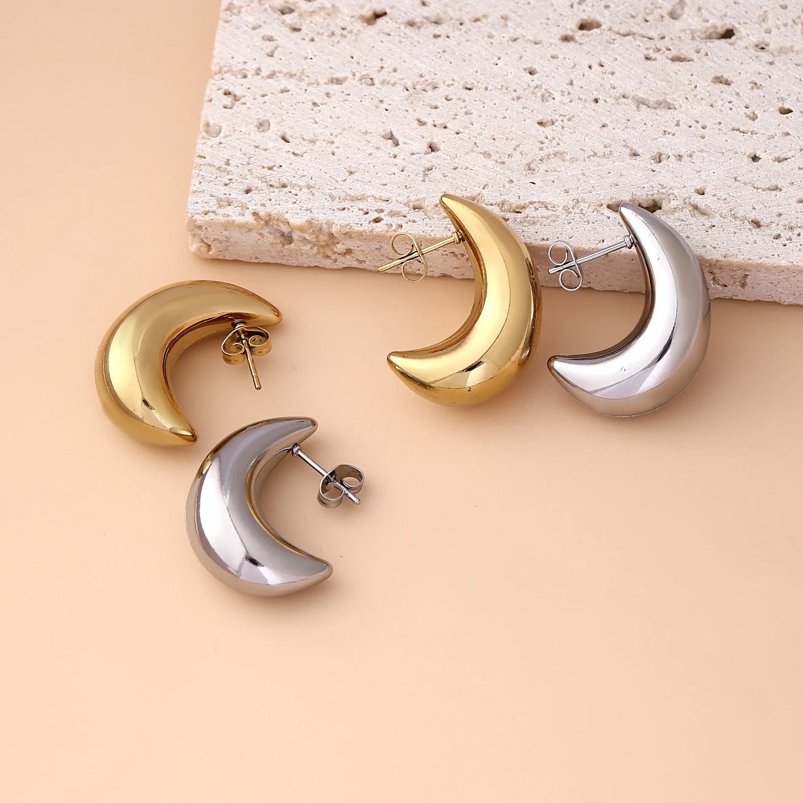 Minimal Moon Half Circle Hollow Earrings Fashion Glossy Geometric Stainless Steel Stud Earrings Jewelry