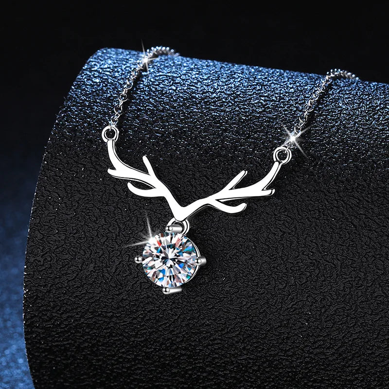 Fresh Sweet Antler Vvs D Color Moissanite Pendant S925 Sterling Silver Necklace Valentine's Day Gift for Women