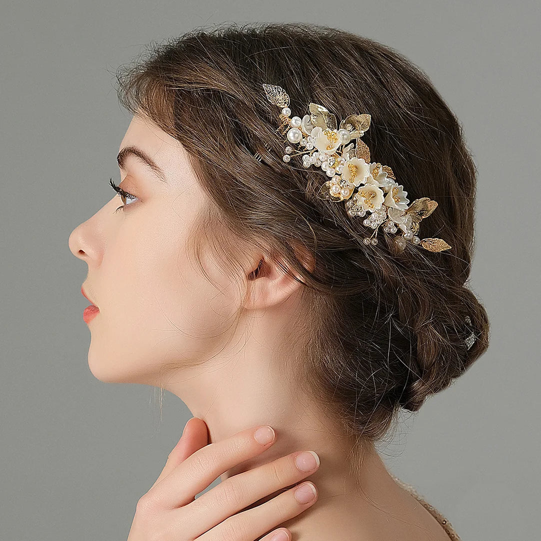 Women Headwear Rhinestone Pearls Double Hair Comb Handmade Hair Accessories Resin Flower Wedding Bridal Headdress