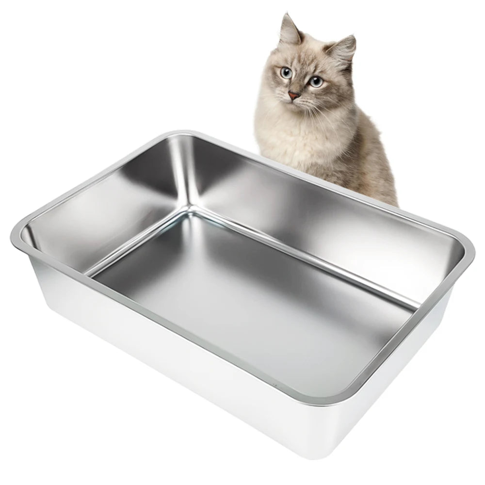 Stainless Steel Cat Litter Box High Sided Metal Cat Pan Large Litter Tray Non Stick Easy Clean Pet Toilet for Kitten Rabbit