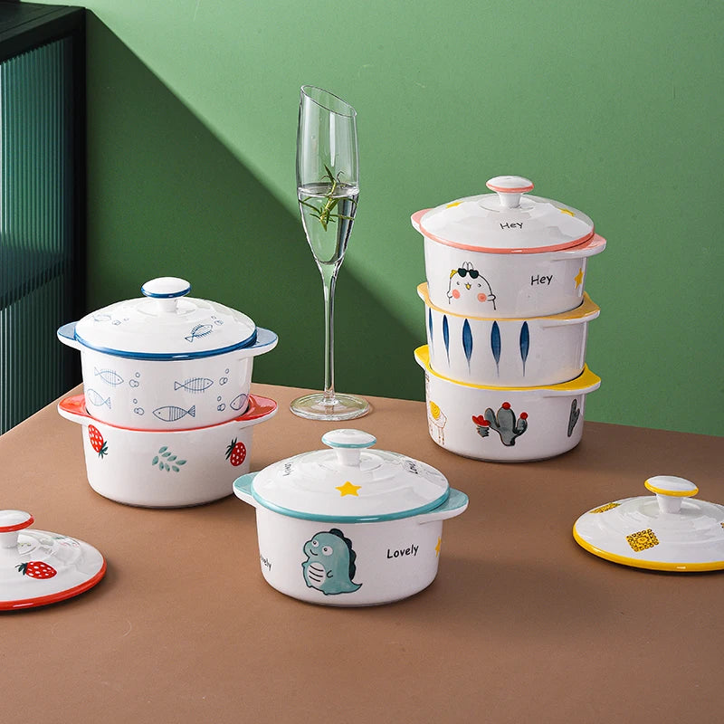 Hot Sale  600ml Nordic Style Ceramic Soup Bowl with Lid and Handle for Hotel Restaurant Home