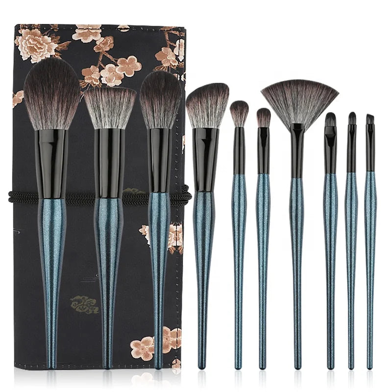 Trendy 10pcs Fancy Luxury Beauty Custom Glitter Vegan Synthetic Hair Professional Face Makeup Brush Set Bag
