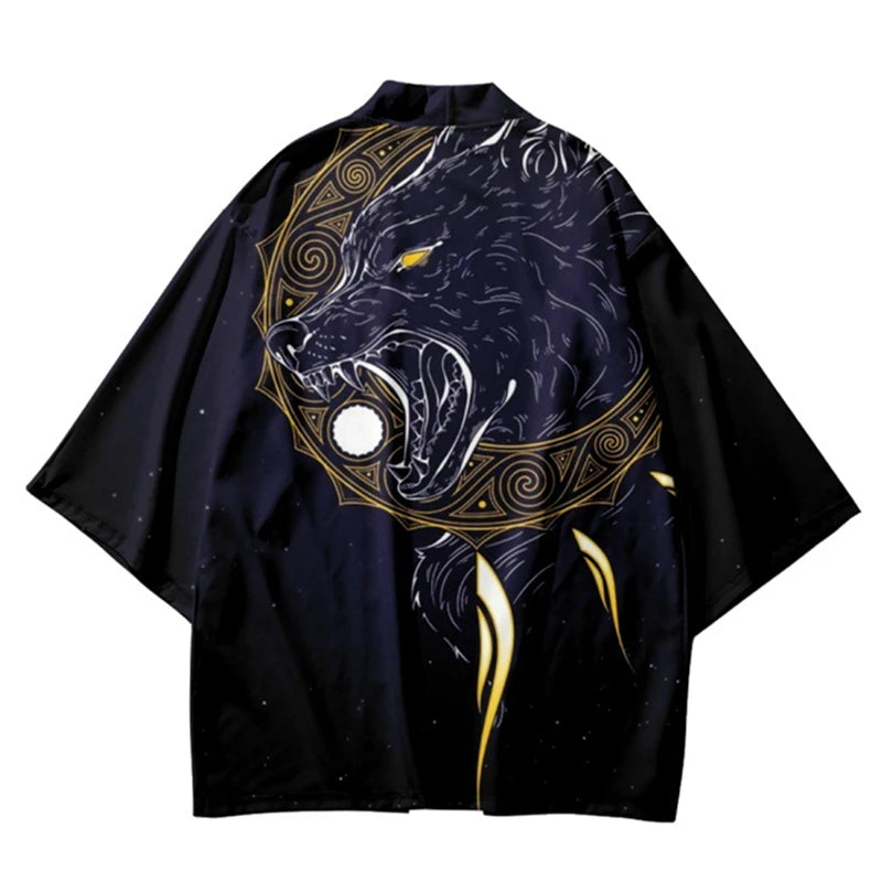 Japanese Anime Wolf Print Cosplay Kimono Streetwear Cardigan Oversized Beach Yukata Robe Women Men Asian Traditional Haori 100%