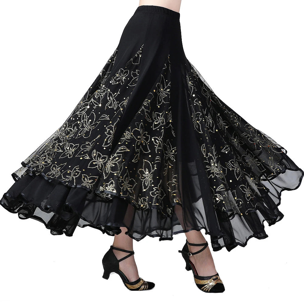 Elegant Shiny Sequin Golden Large Flower Pattern Ballroom Half Skirt for Modern Dance Competition Practice
